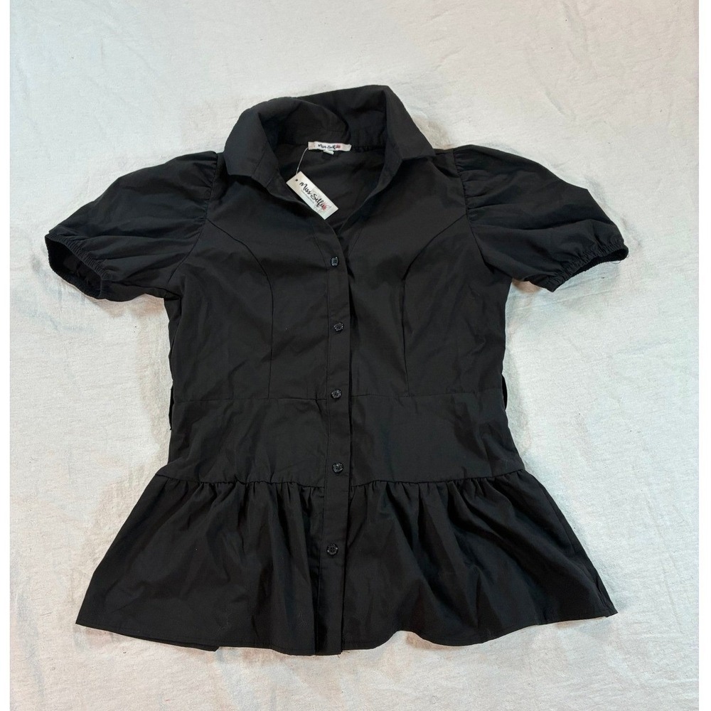 Miss Selfie Women's Peplum Button Down Top Medium Black Puff Sleeve Blouse J19